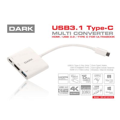 Dark 3in1 USB3.1 Type C Erkek - USB 3.0 / HDMI Dönüştürücü (4K UHD)/USB 3.1 Type C Şarj Dönüştürücü